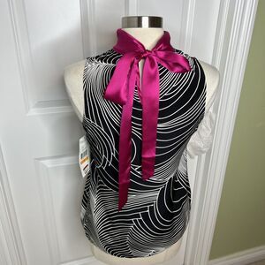 Karen Kane Silk Tie Neck Blouse Top Woman’s Sleeveless Career Black White New S